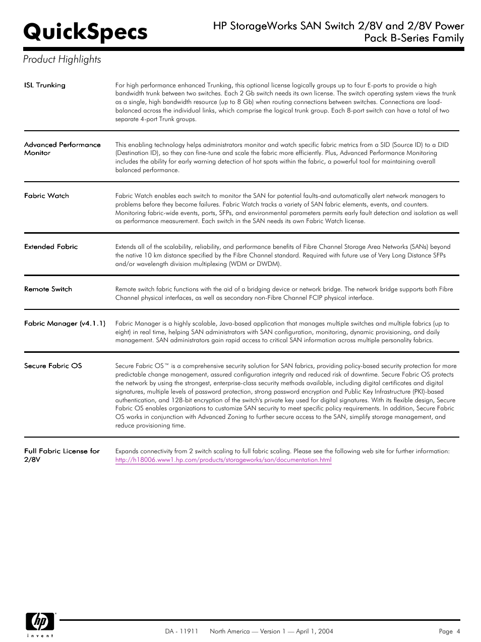 Quickspecs, Hp storageworks san switch 2/8v and 2/8v power | Compaq 2/8V User Manual | Page 4 / 8