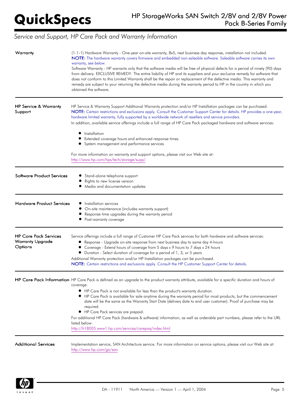 Quickspecs, Hp storageworks san switch 2/8v and 2/8v power | Compaq 2/8V User Manual | Page 5 / 8