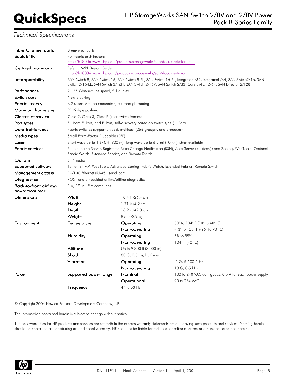 Technical specifications, Quickspecs, Hp storageworks san switch 2/8v and 2/8v power | Compaq 2/8V User Manual | Page 8 / 8