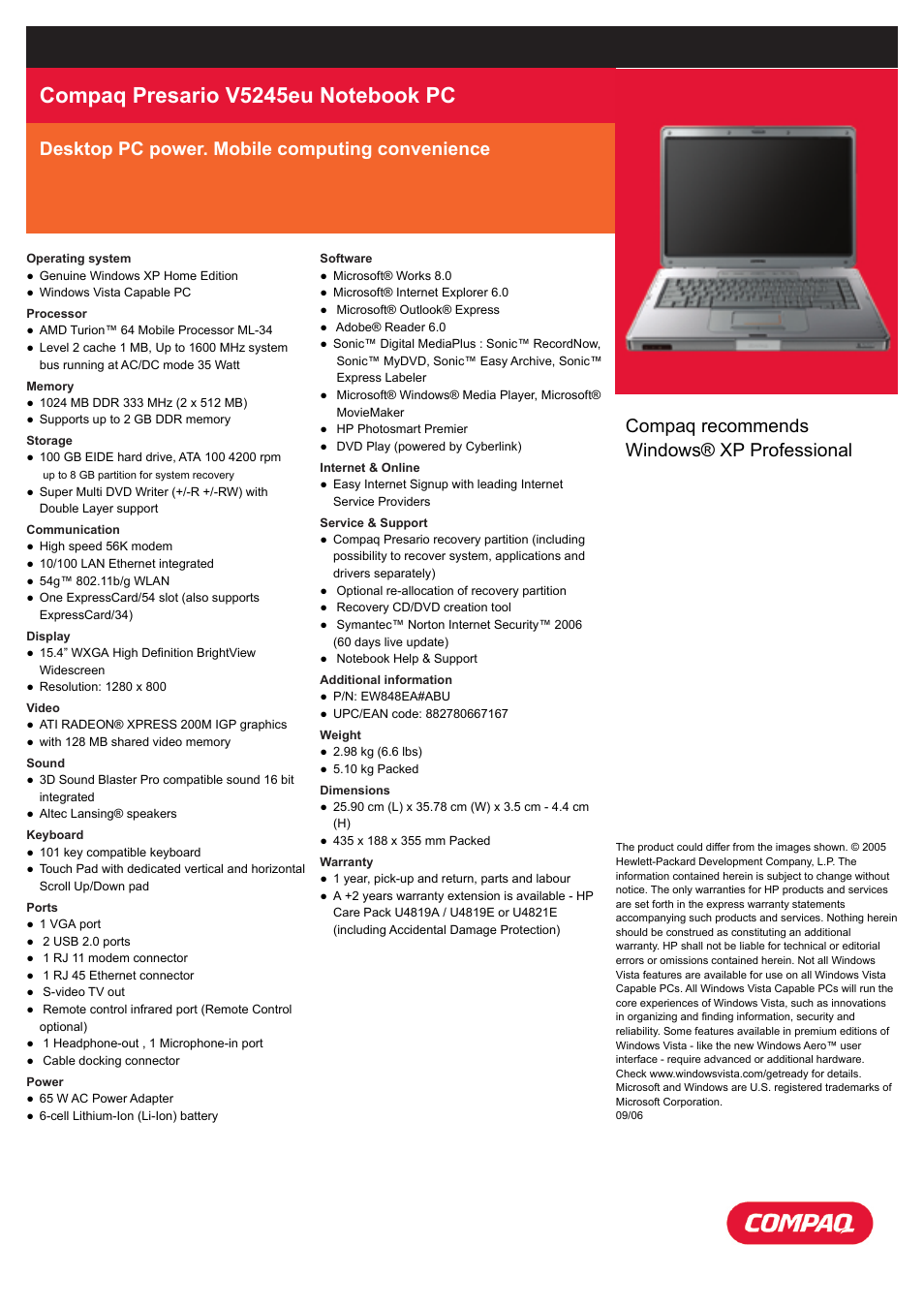 Compaq V5245eu User Manual | 1 page