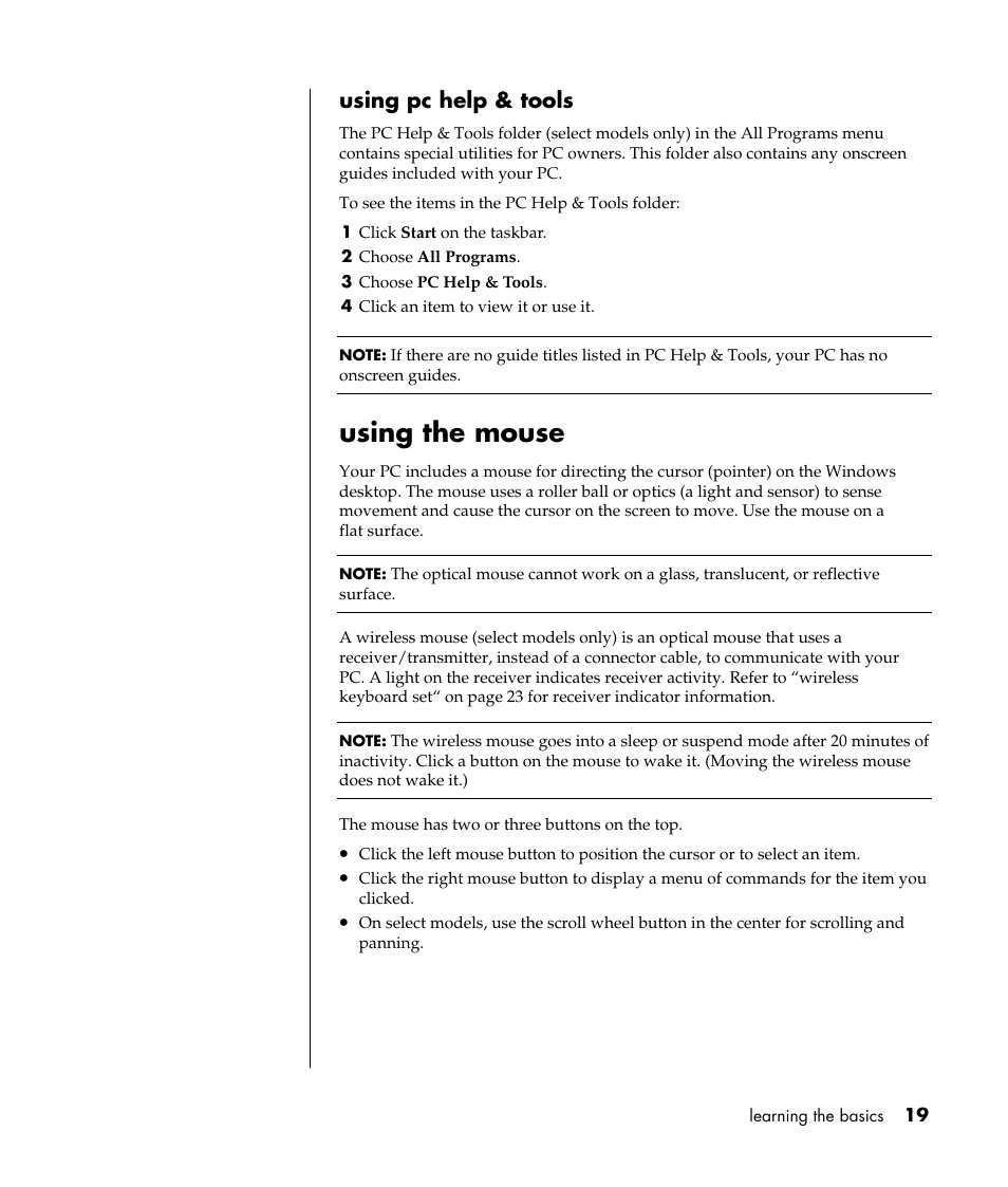 Using the mouse, Using pc help & tools | Compaq S0000 / 8000 User Manual | Page 26 / 123