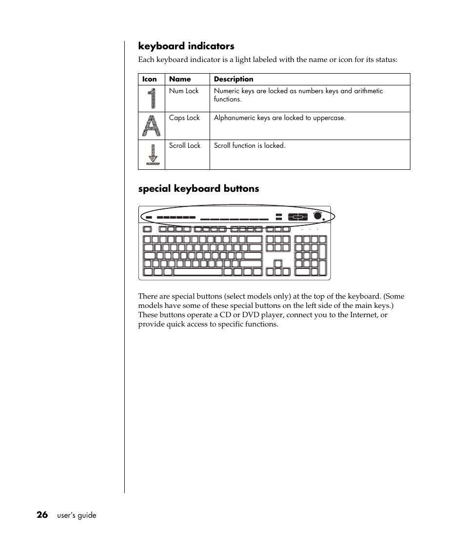 Keyboard indicators, Special keyboard buttons | Compaq S0000 / 8000 User Manual | Page 33 / 123