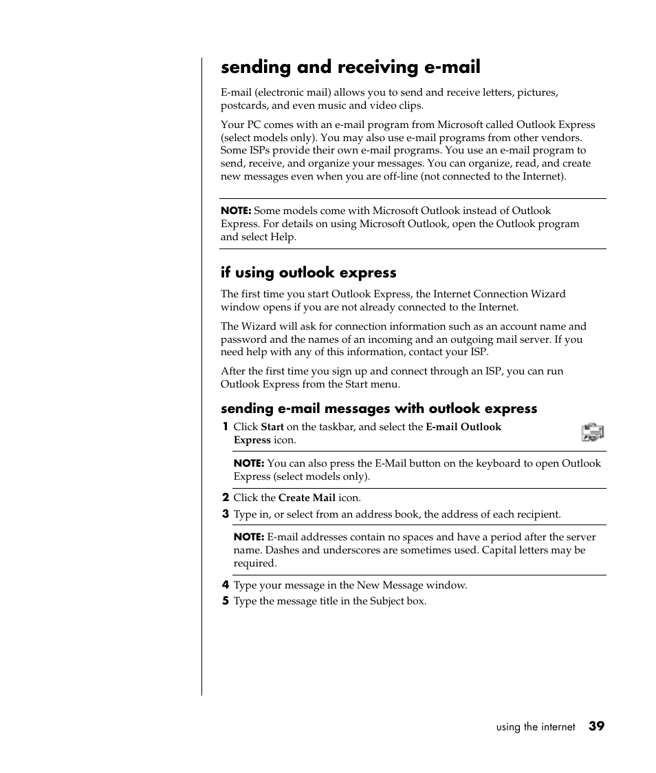 Sending and receiving e-mail, If using outlook express | Compaq S0000 / 8000 User Manual | Page 46 / 123