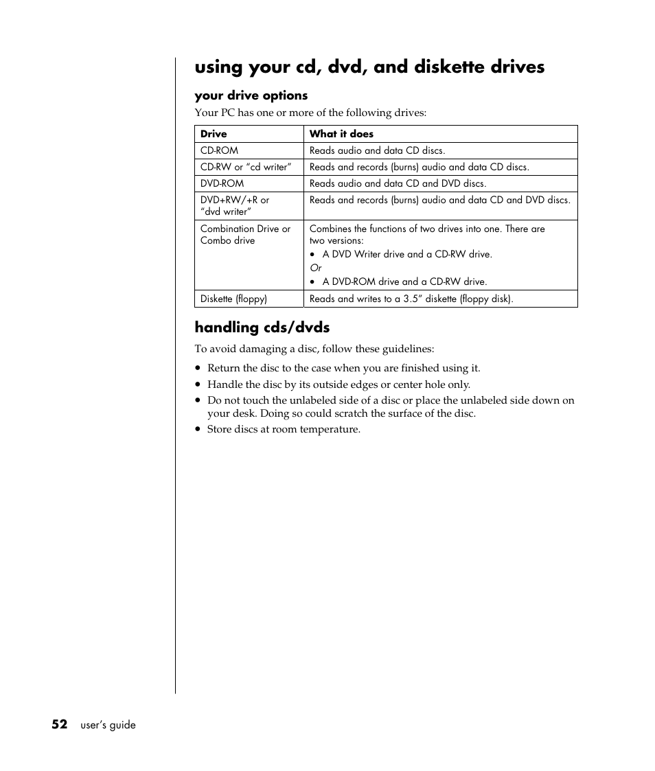Using your cd, dvd, and diskette drives, Handling cds/dvds | Compaq S0000 / 8000 User Manual | Page 59 / 123