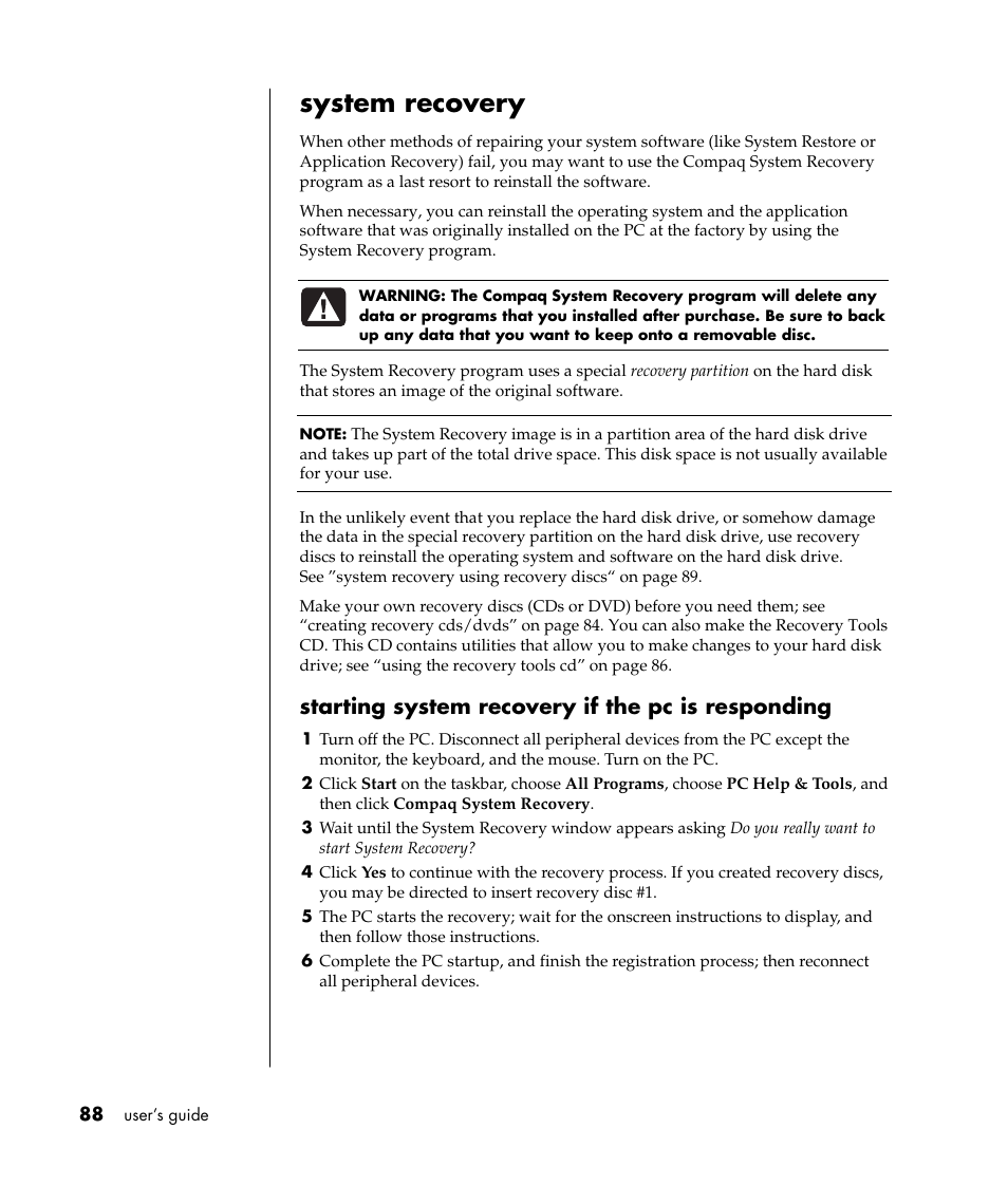 System recovery, Starting system recovery if the pc is responding | Compaq S0000 / 8000 User Manual | Page 95 / 123