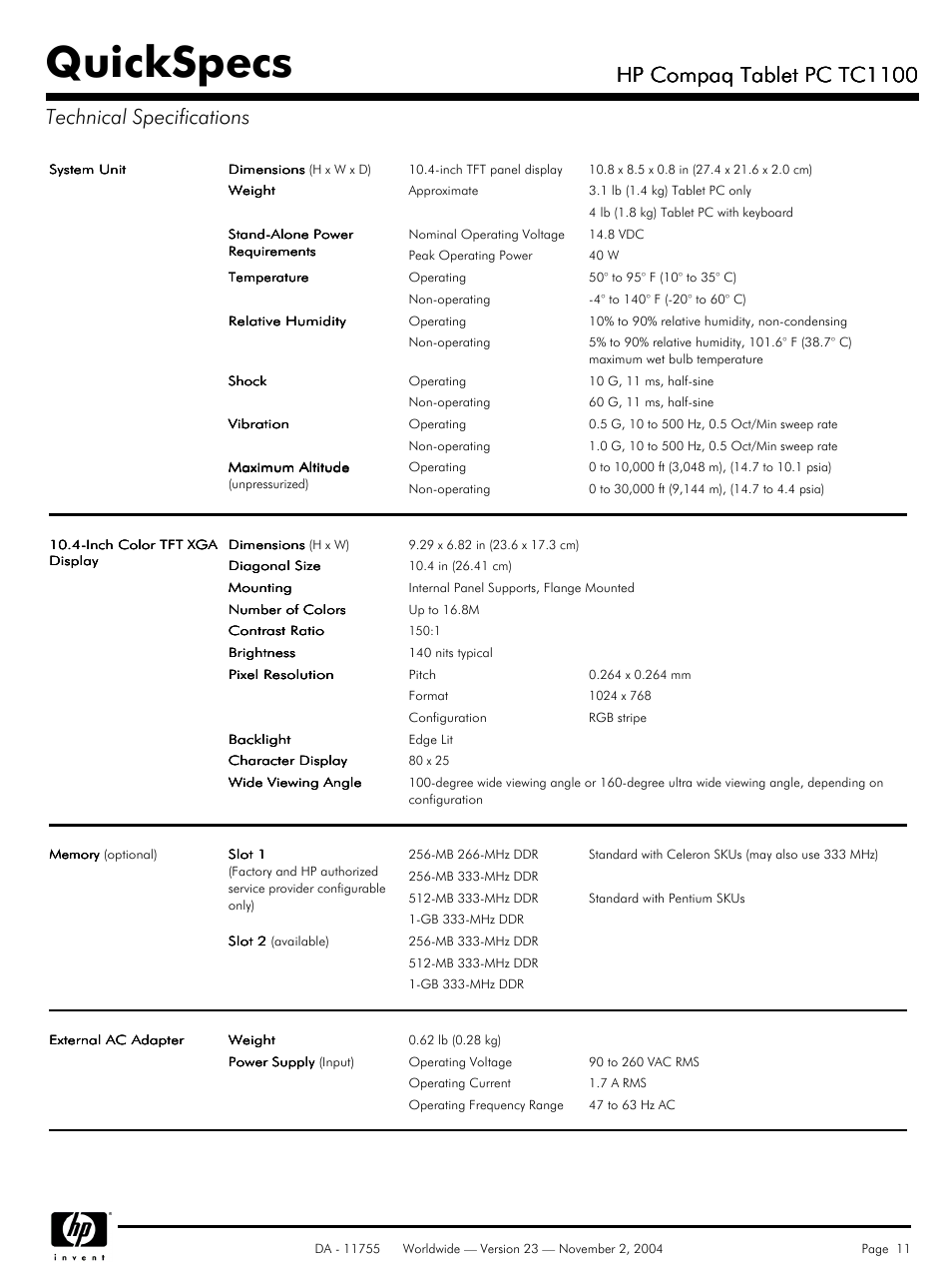 Technical specifications, Quickspecs, Hp compaq tablet pc tc1100 | Compaq HP TC1 100 User Manual | Page 11 / 23