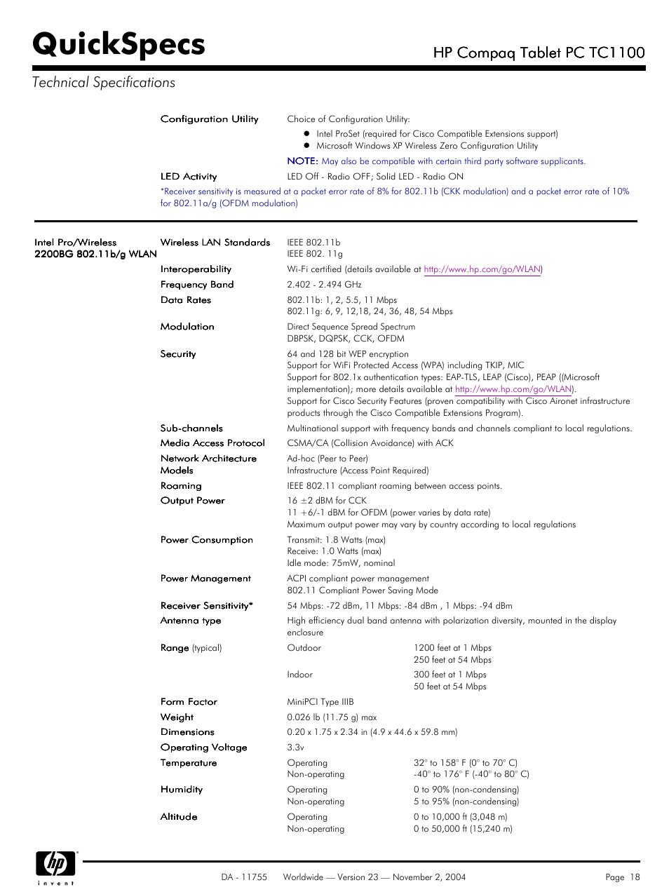 Quickspecs, Hp compaq tablet pc tc1100 | Compaq HP TC1 100 User Manual | Page 18 / 23