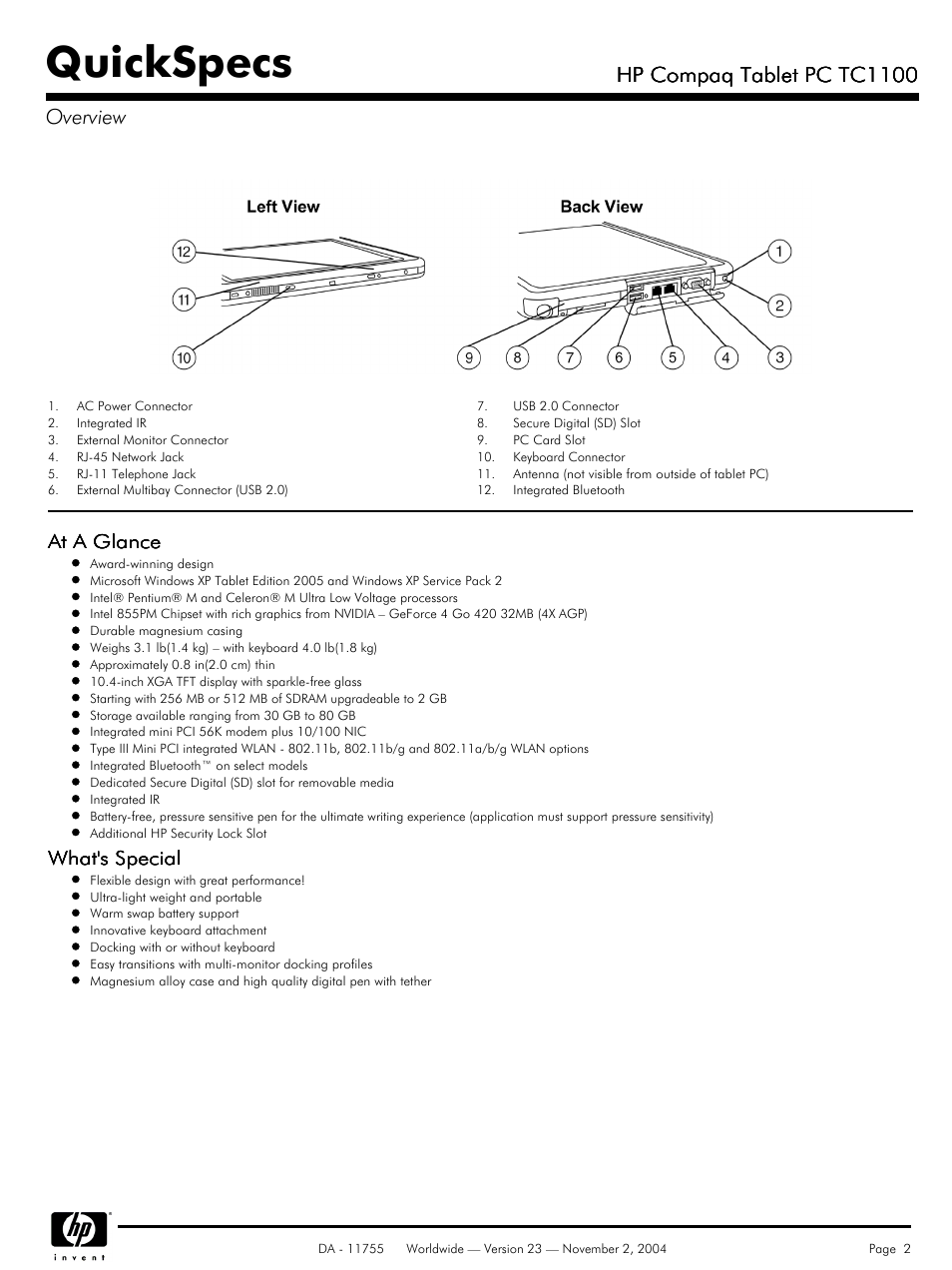 Quickspecs, Hp compaq tablet pc tc1100, Hp compaq tablet pc tc1100 overview | At a glance, What's special | Compaq HP TC1 100 User Manual | Page 2 / 23