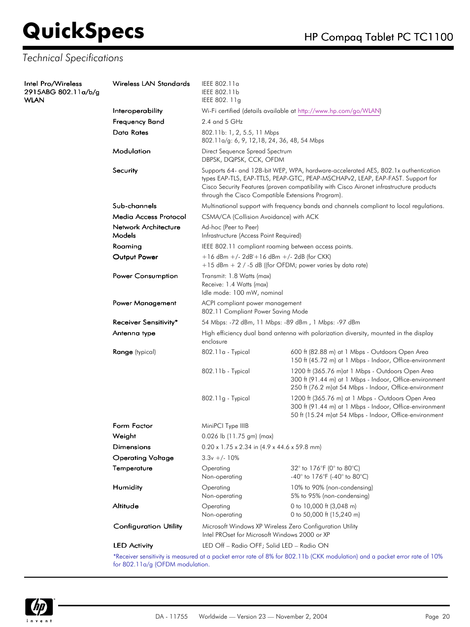 Quickspecs, Hp compaq tablet pc tc1100 | Compaq HP TC1 100 User Manual | Page 20 / 23