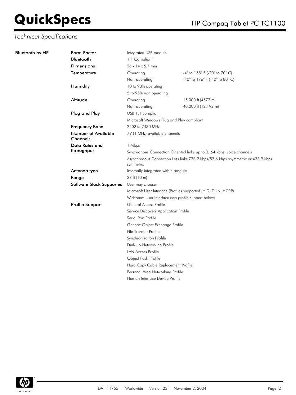 Quickspecs, Hp compaq tablet pc tc1100 | Compaq HP TC1 100 User Manual | Page 21 / 23