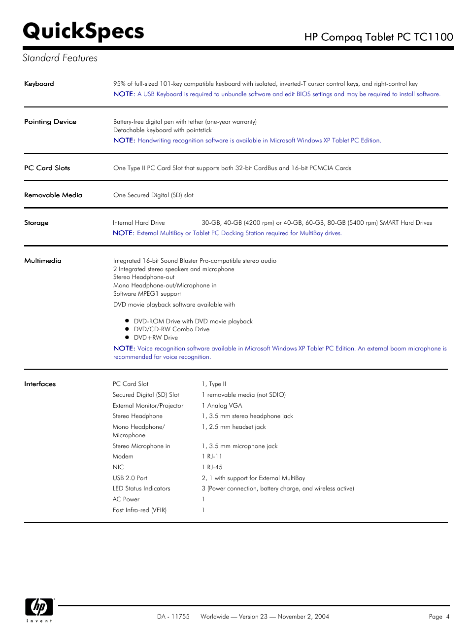 Quickspecs, Hp compaq tablet pc tc1100, Hp compaq tablet pc tc1100 standard features | Compaq HP TC1 100 User Manual | Page 4 / 23