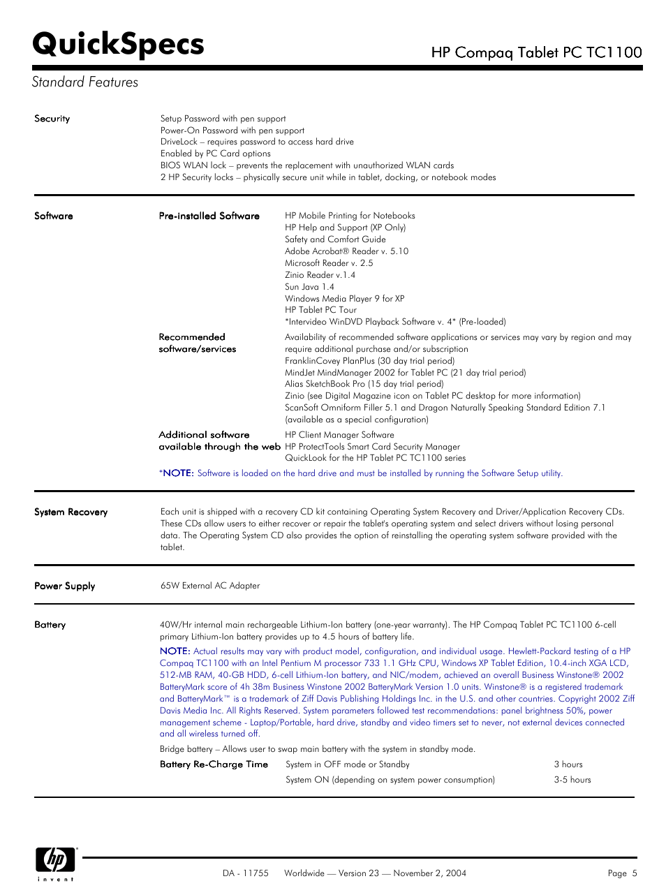 Quickspecs, Hp compaq tablet pc tc1100, Hp compaq tablet pc tc1100 standard features | Compaq HP TC1 100 User Manual | Page 5 / 23