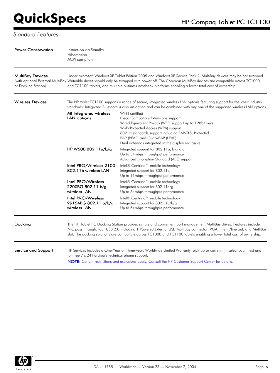 Quickspecs, Hp compaq tablet pc tc1100, Hp compaq tablet pc tc1100 standard features | Compaq HP TC1 100 User Manual | Page 6 / 23