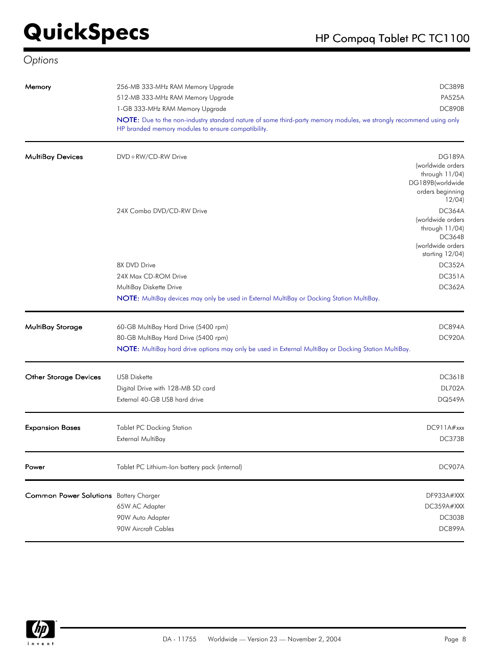 Options, Quickspecs, Hp compaq tablet pc tc1100 | Hp compaq tablet pc tc1100 options | Compaq HP TC1 100 User Manual | Page 8 / 23