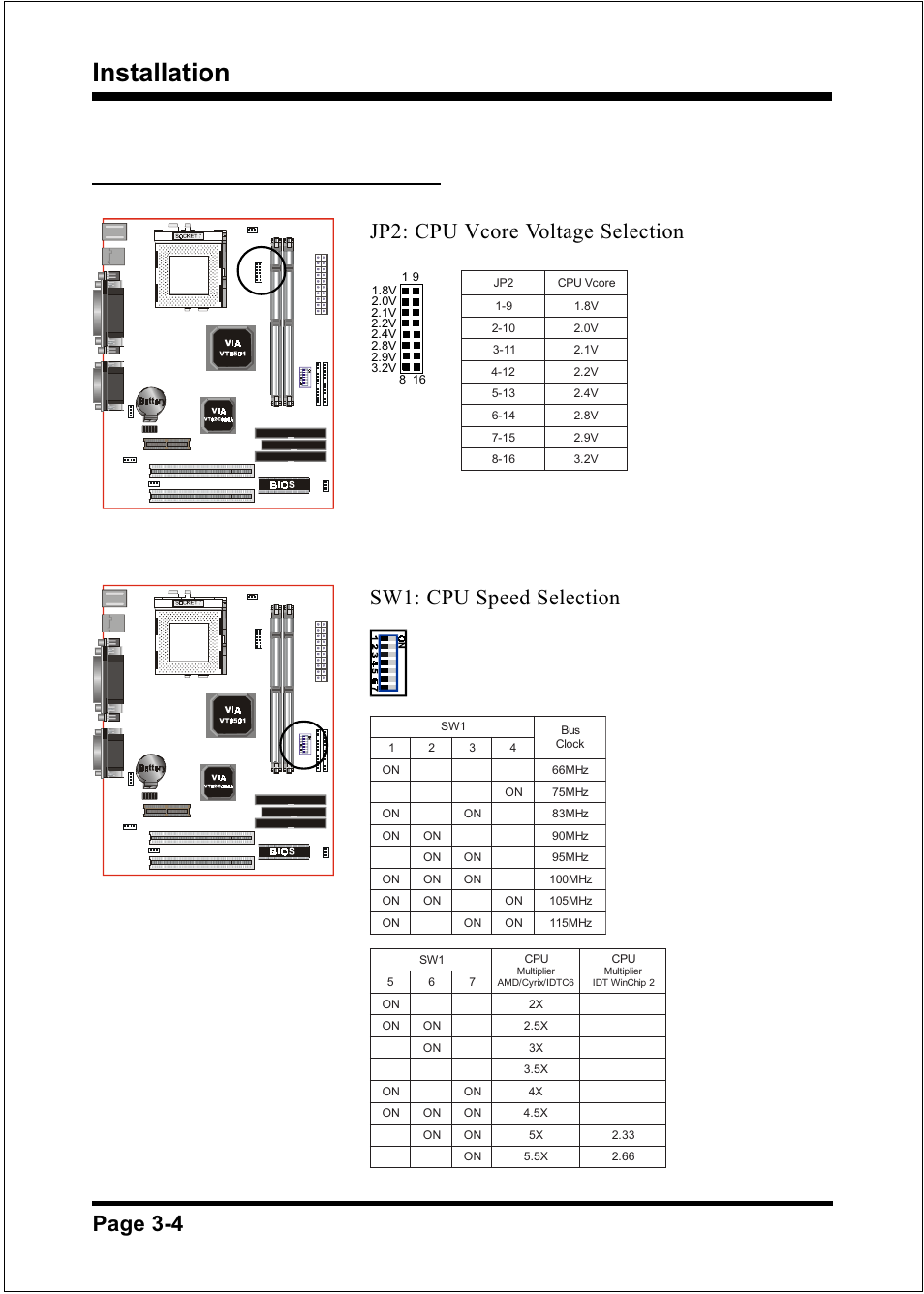 Installation, Page 3-4, Sw1: cpu speed selection | Jp2: cpu vcore voltage selection | Compaq 60002MC10 User Manual | Page 14 / 66