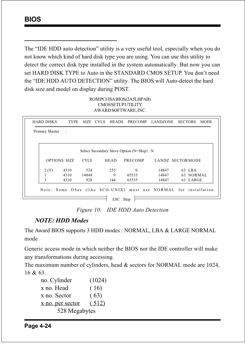Bios, 10 ide hdd auto detection, Page 4-24 | Compaq 60002MC10 User Manual | Page 45 / 66