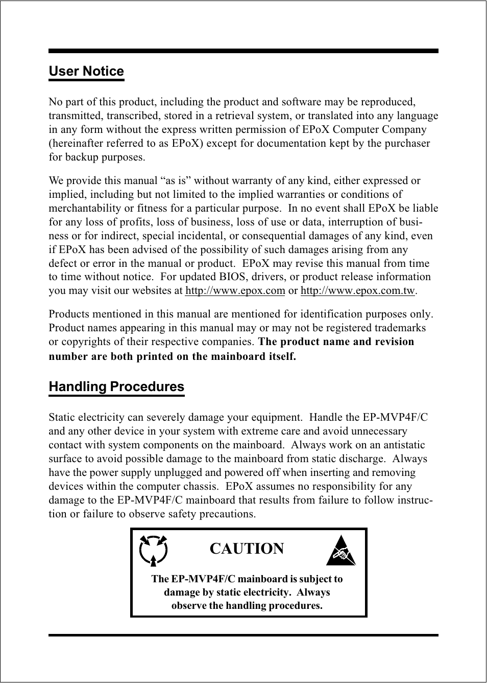 Caution, User notice, Handling procedures | Compaq 60002MC10 User Manual | Page 65 / 66