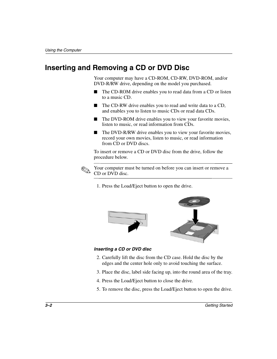 Inserting and removing a cd or dvd disc | Compaq PRESARIO 4000 User Manual | Page 32 / 70