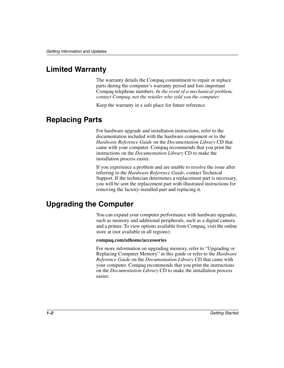 Limited warranty, Replacing parts, Upgrading the computer | Compaq PRESARIO 4000 User Manual | Page 6 / 70