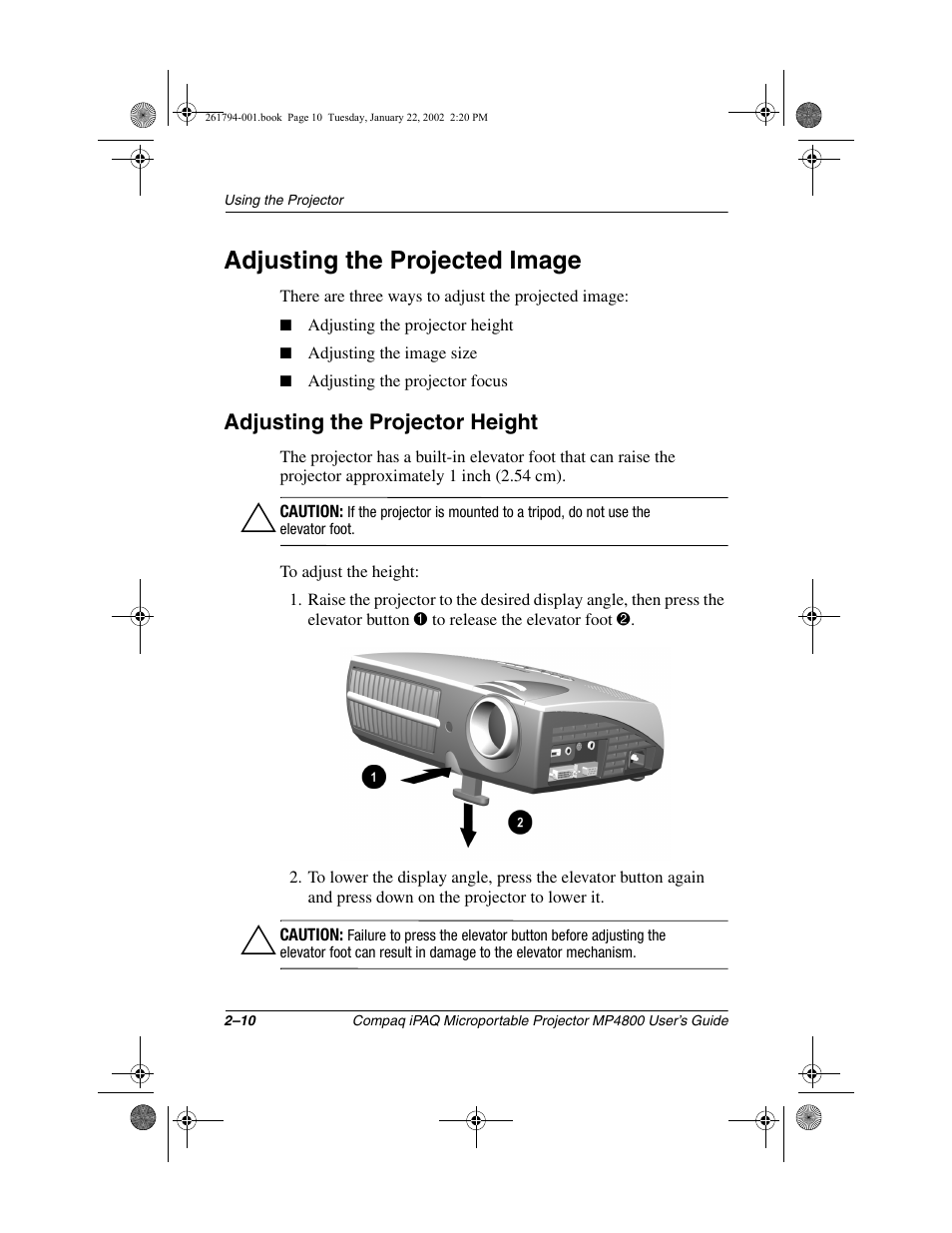 Adjusting the projected image, Adjusting the projector height | Compaq MP4800 User Manual | Page 21 / 76