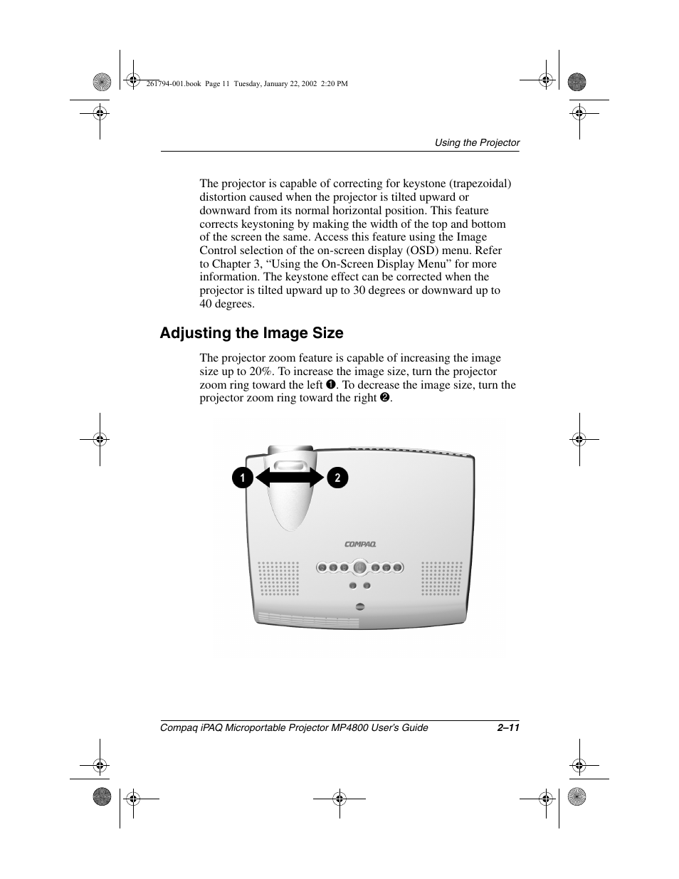 Adjusting the image size | Compaq MP4800 User Manual | Page 22 / 76