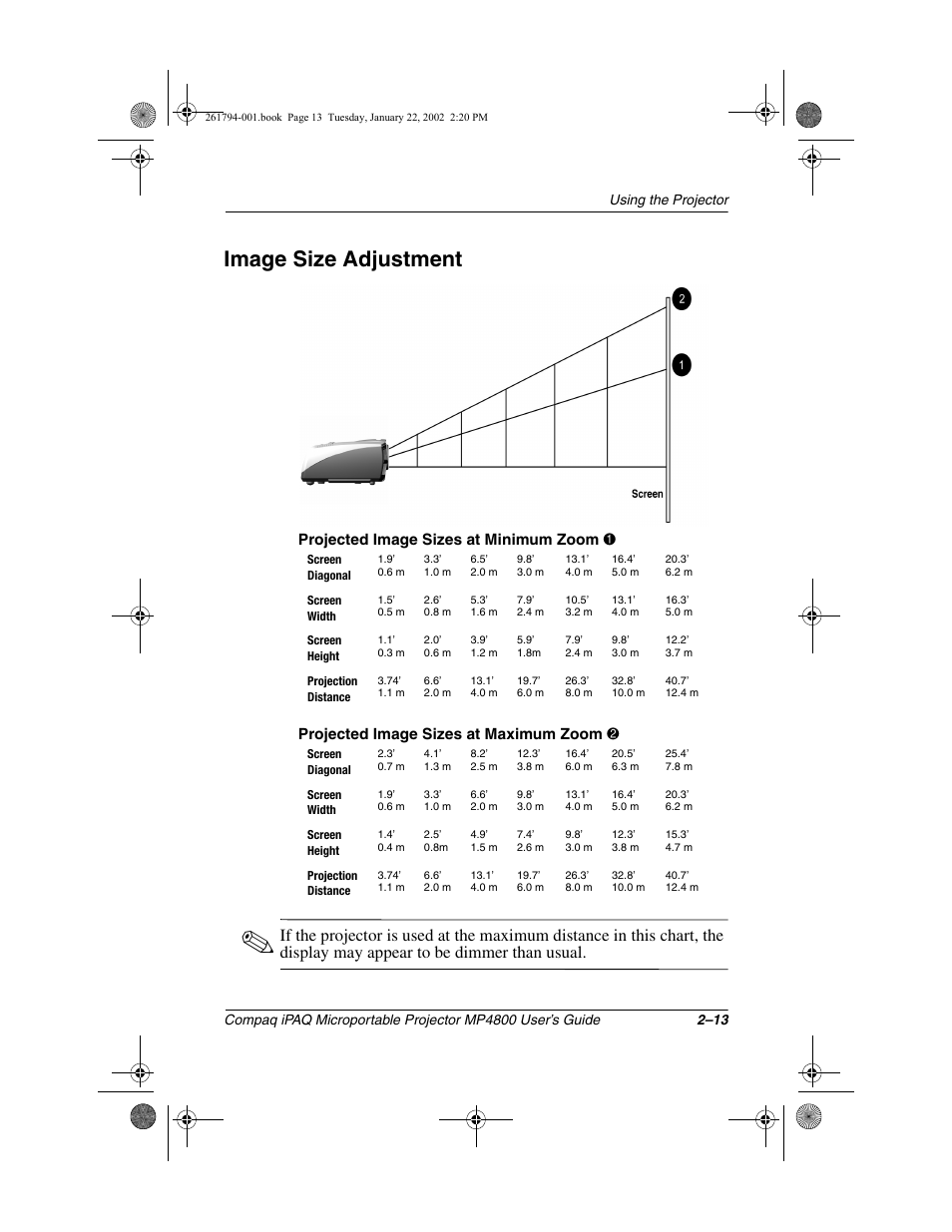 Image size adjustment, Projected image sizes at minimum zoom 1, Projected image sizes at maximum zoom 2 | Compaq MP4800 User Manual | Page 24 / 76