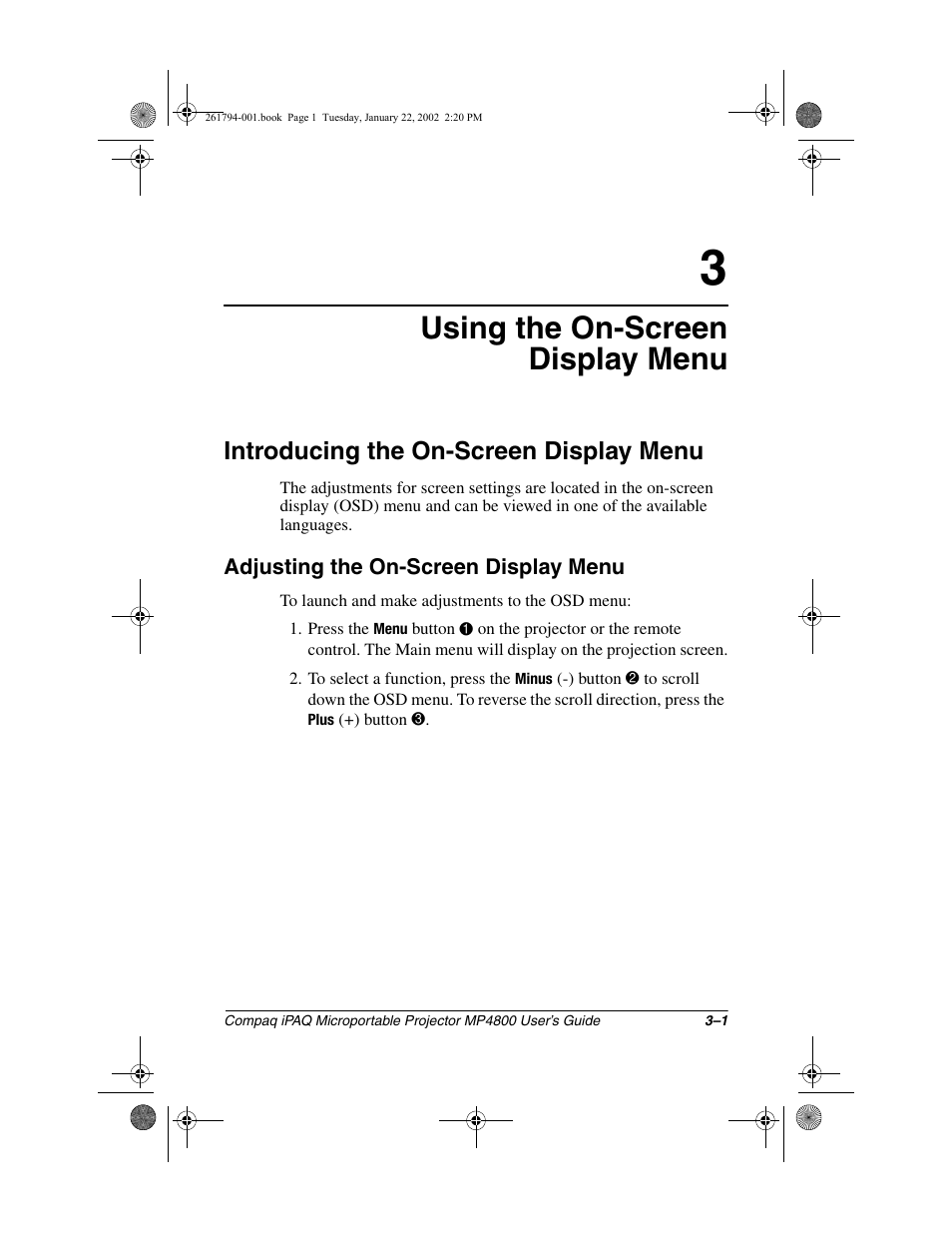 Using the on-screen displaymenu, Introducing the on-screen display menu, Adjusting the on-screen display menu | Using the on-screen display menu | Compaq MP4800 User Manual | Page 25 / 76