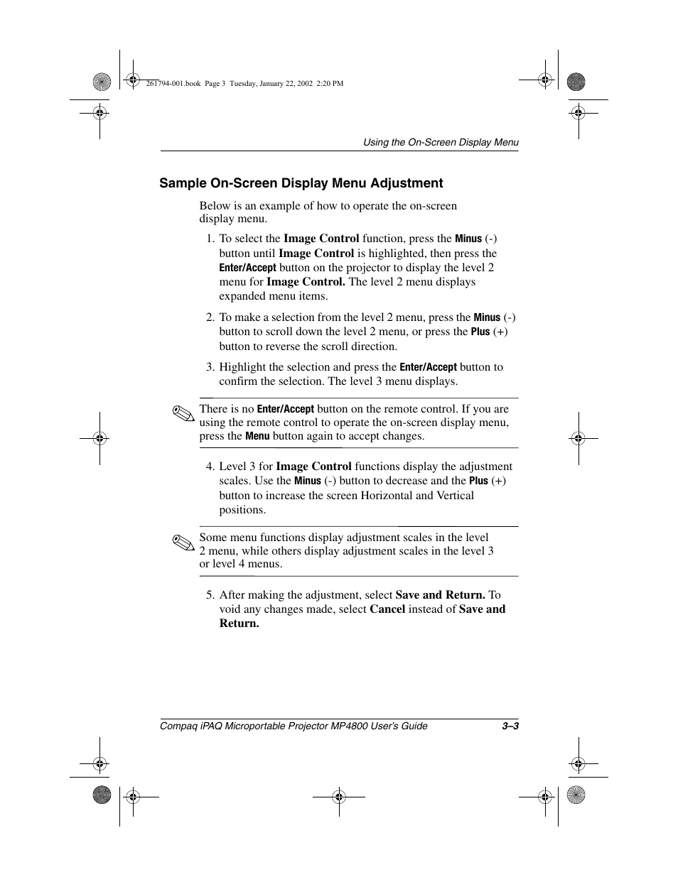Sample on-screen display menu adjustment | Compaq MP4800 User Manual | Page 27 / 76