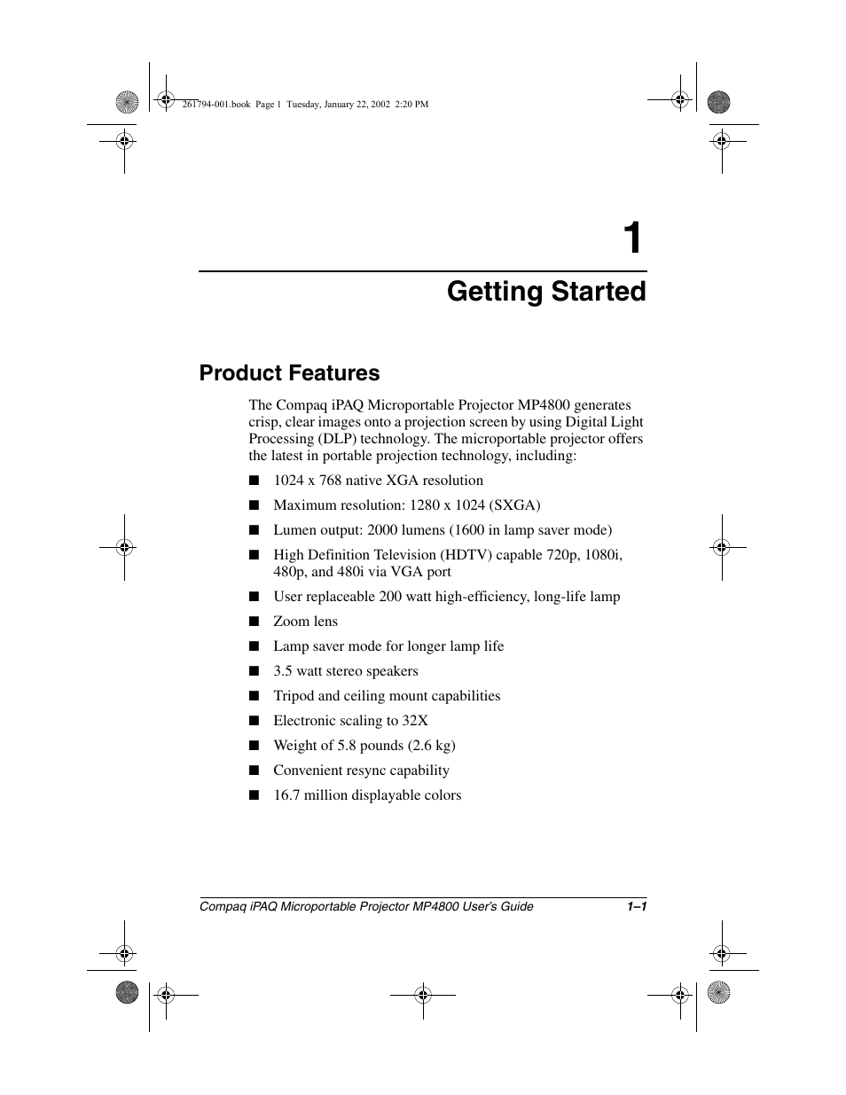 Getting started, Product features | Compaq MP4800 User Manual | Page 3 / 76