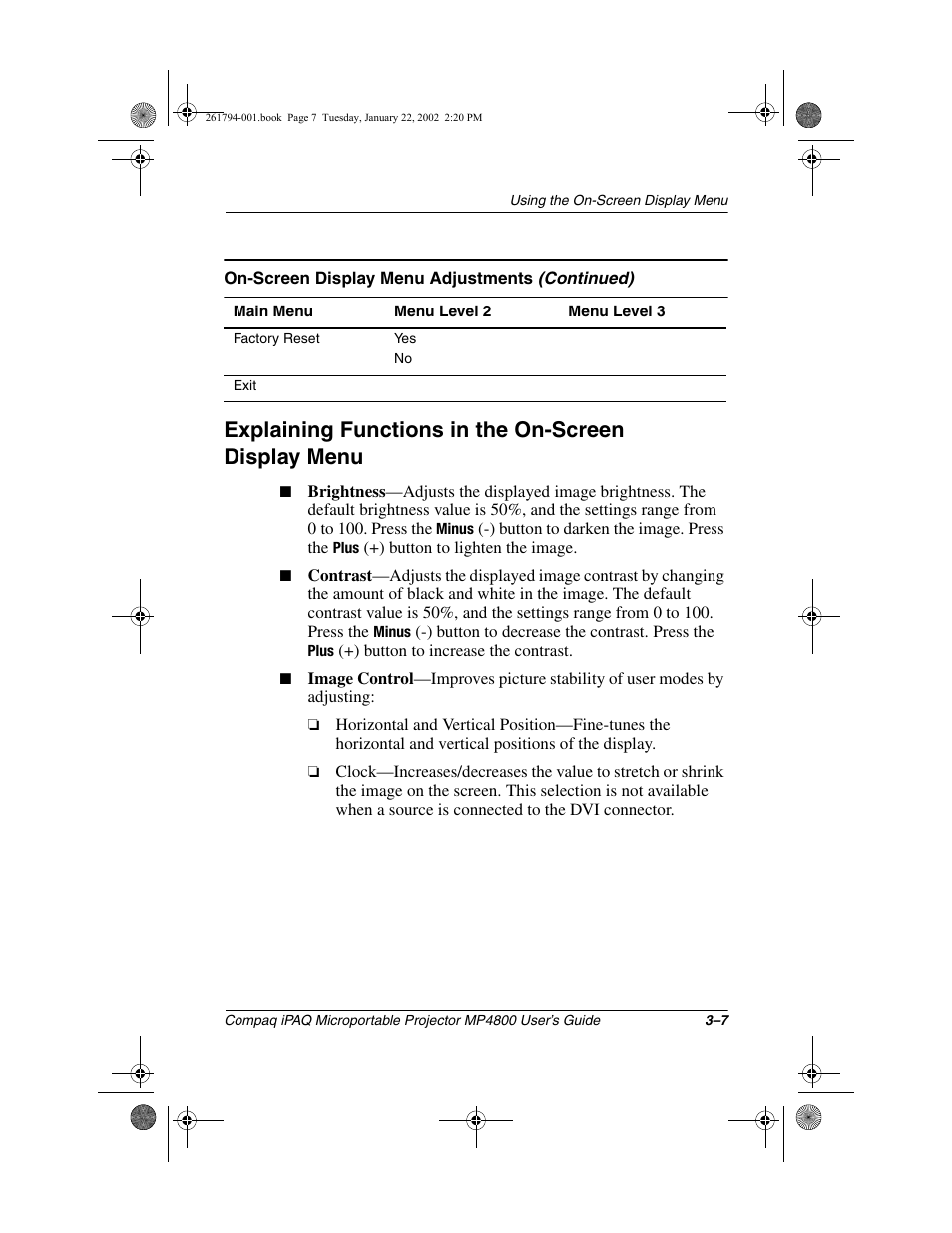 Explaining functions in the on-screen displaymenu, Explaining functions in the on-screen display menu | Compaq MP4800 User Manual | Page 31 / 76