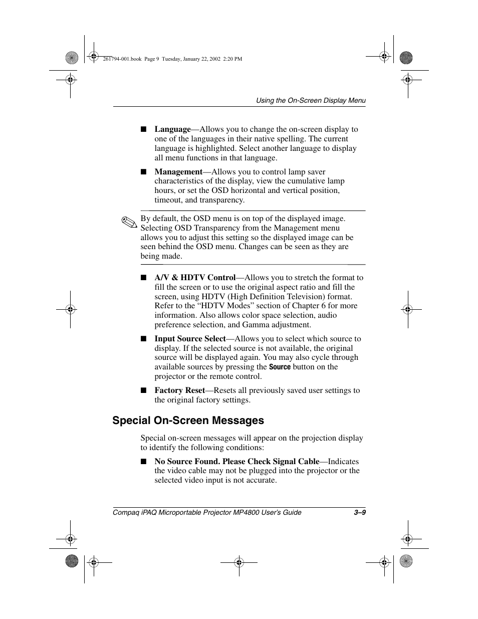 Special on-screen messages | Compaq MP4800 User Manual | Page 33 / 76