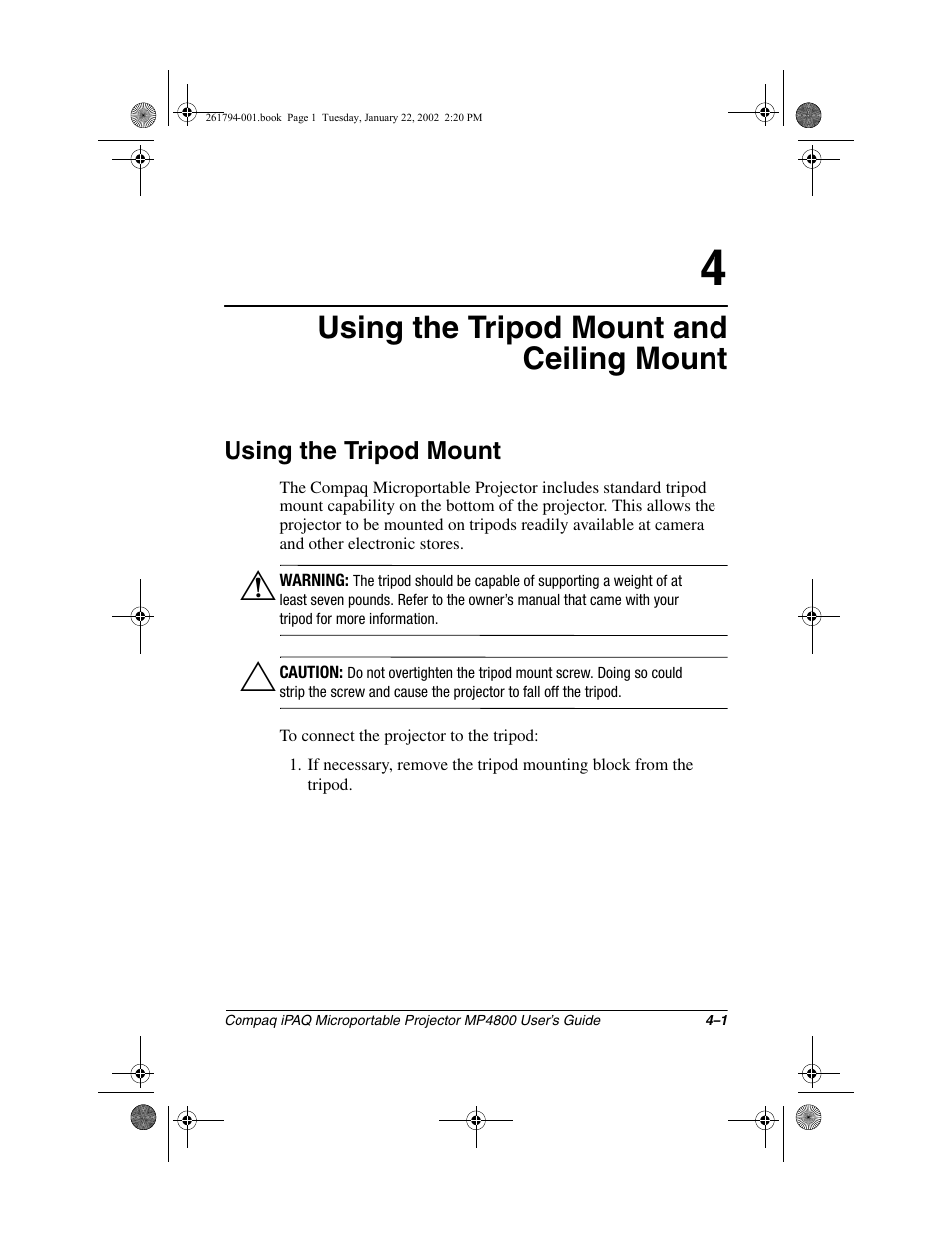 Using the tripod mount and ceiling mount, Using the tripod mount | Compaq MP4800 User Manual | Page 35 / 76