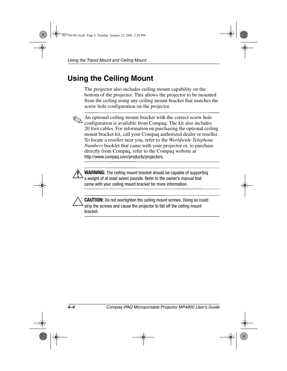 Using the ceiling mount | Compaq MP4800 User Manual | Page 38 / 76