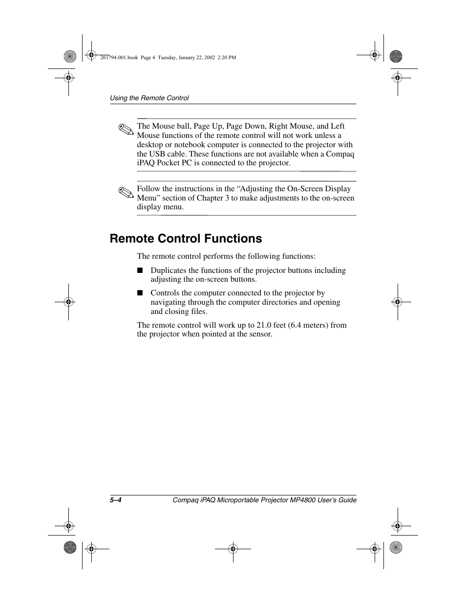 Remote control functions | Compaq MP4800 User Manual | Page 44 / 76