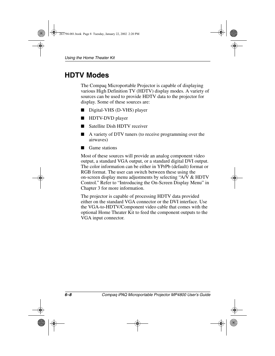 Hdtv modes | Compaq MP4800 User Manual | Page 53 / 76