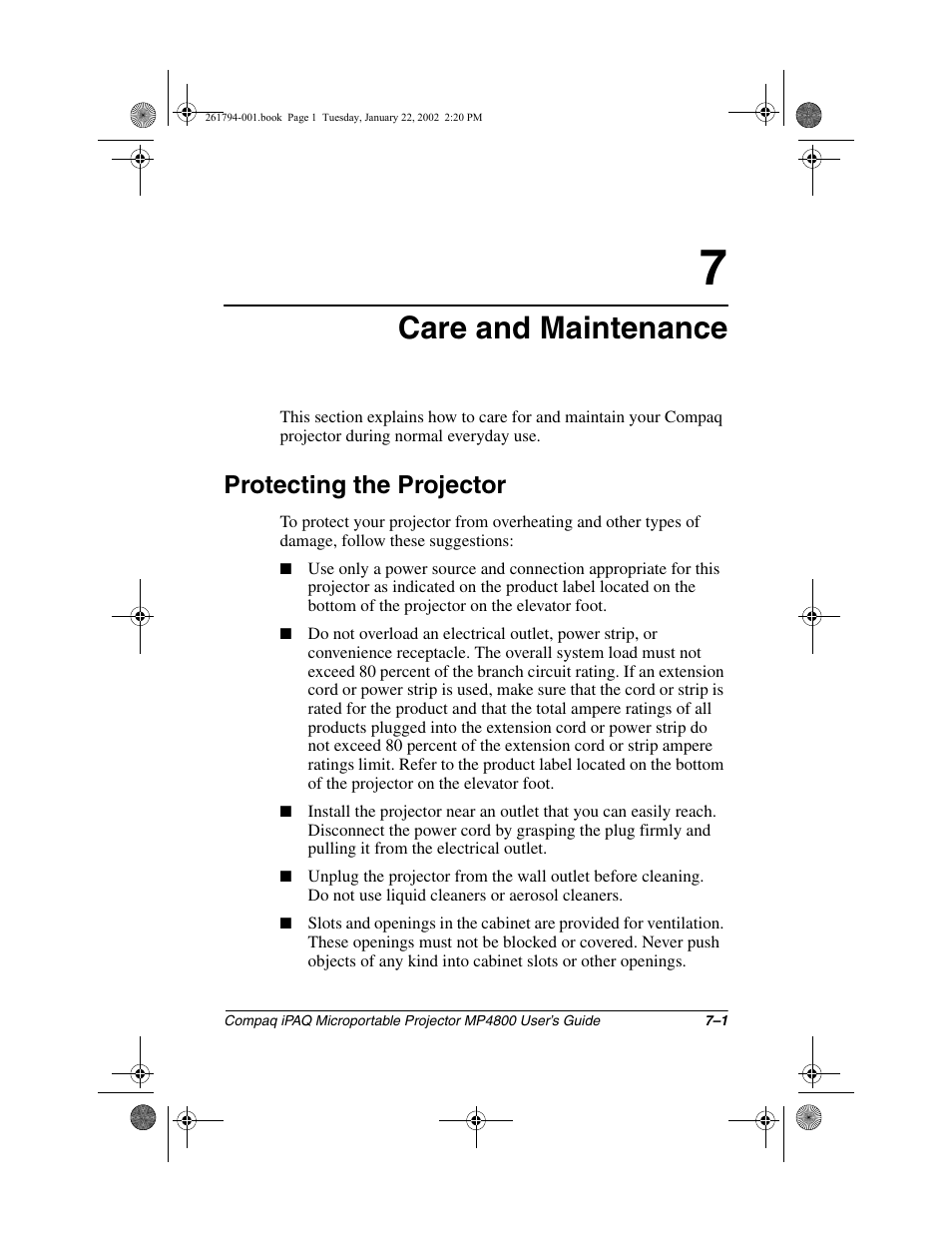 Care and maintenance, Protecting the projector | Compaq MP4800 User Manual | Page 55 / 76