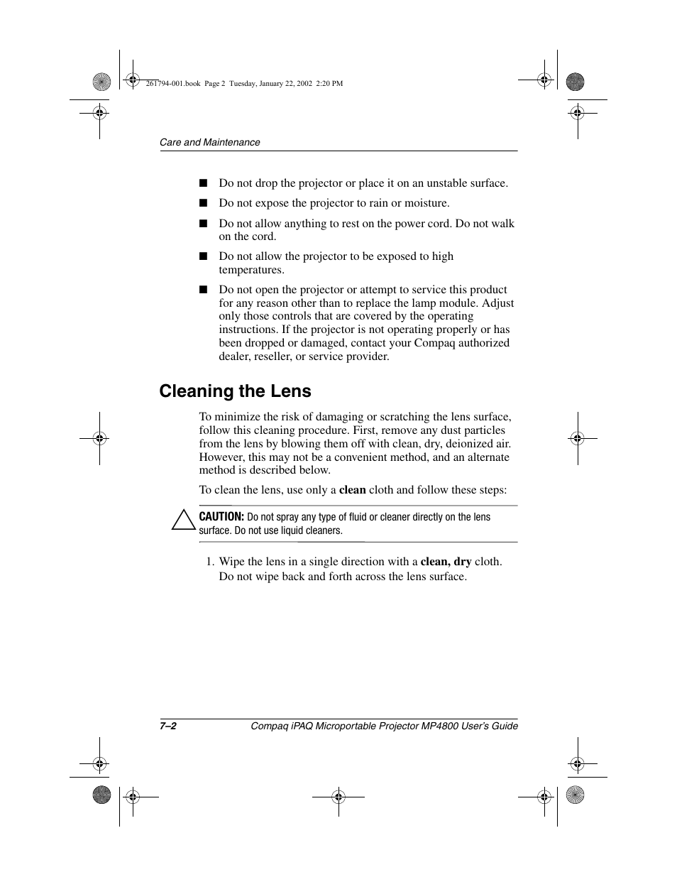 Cleaning the lens | Compaq MP4800 User Manual | Page 56 / 76