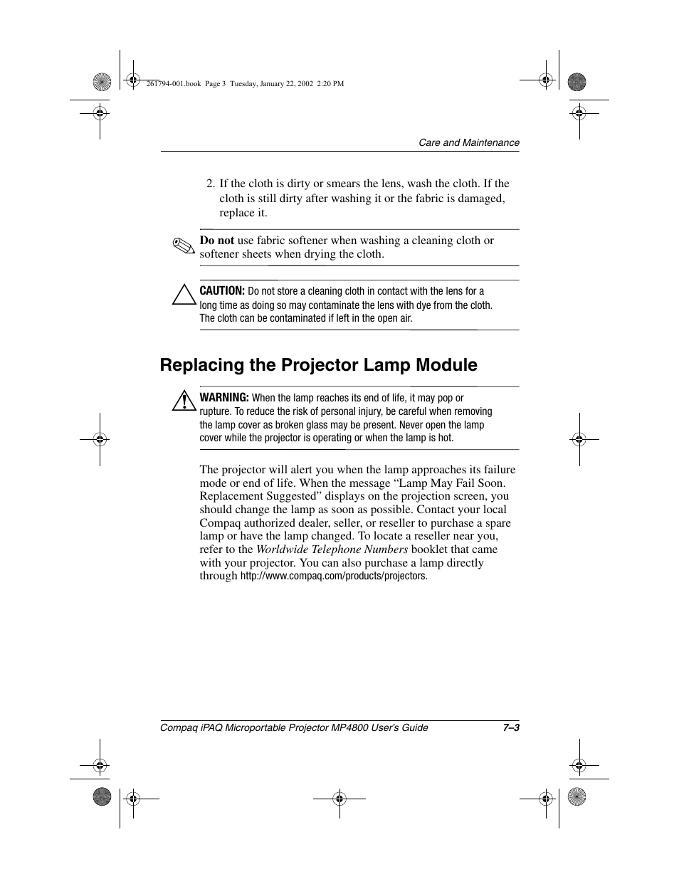 Replacing the projector lamp module | Compaq MP4800 User Manual | Page 57 / 76