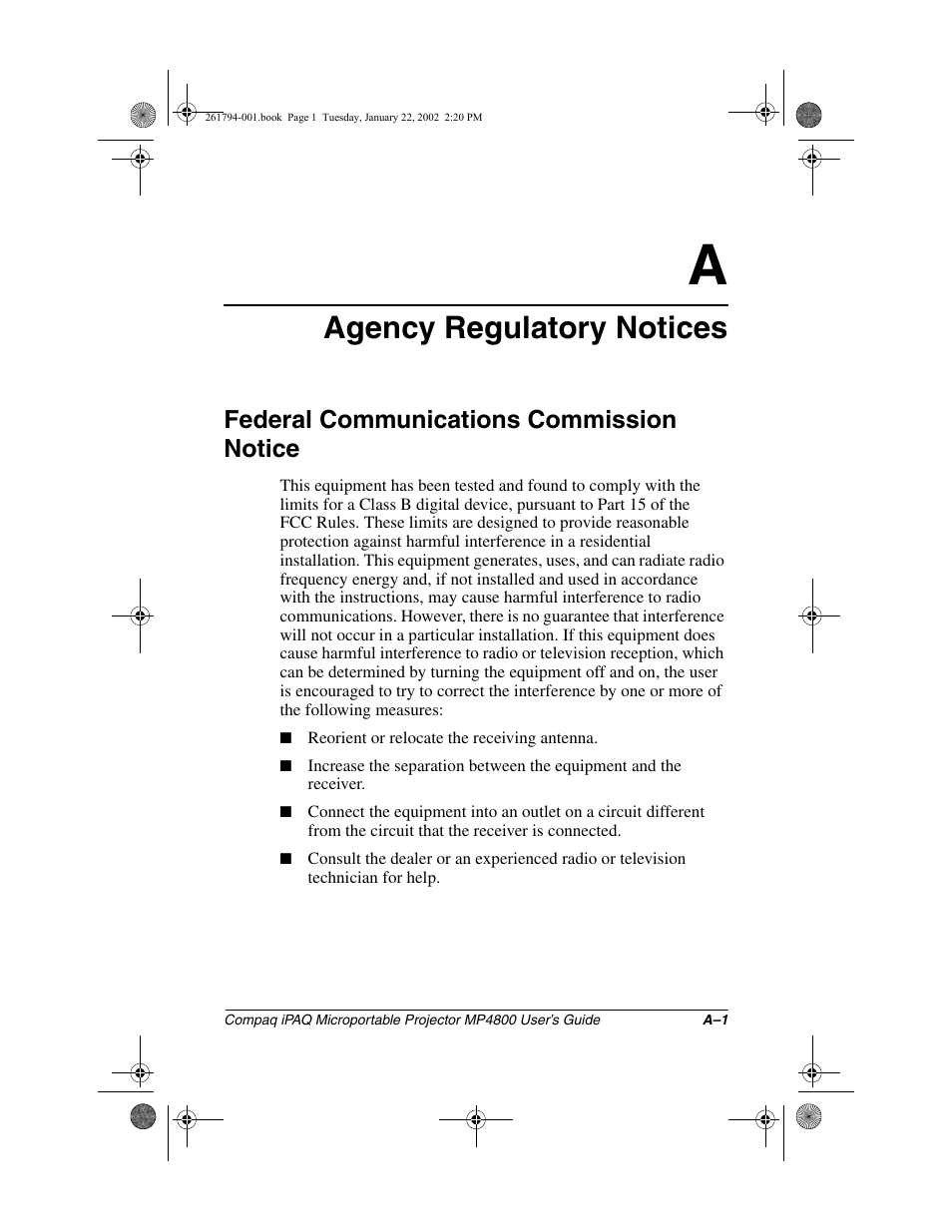 Agency regulatory notices, Federal communications commission notice | Compaq MP4800 User Manual | Page 69 / 76