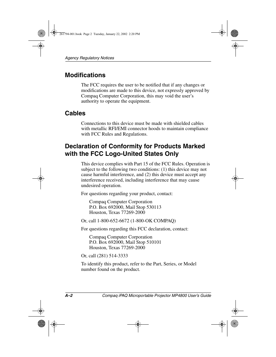 Modifications, Cables | Compaq MP4800 User Manual | Page 70 / 76