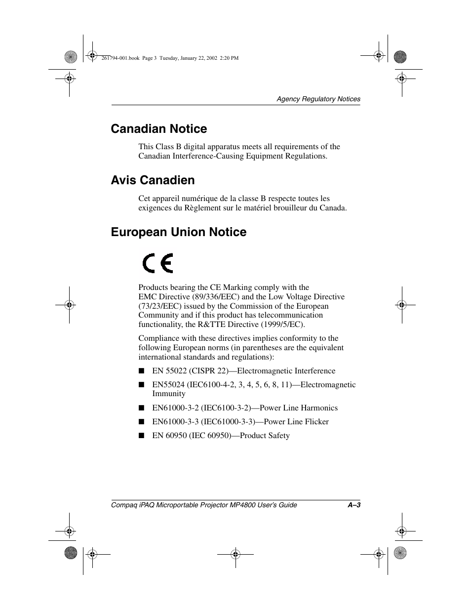 Canadian notice, Avis canadien, European union notice | Compaq MP4800 User Manual | Page 71 / 76