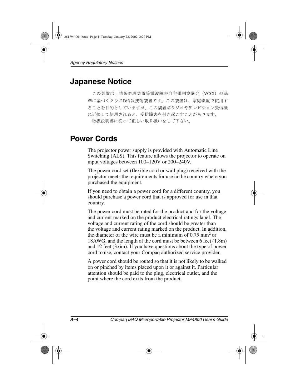 Japanese notice, Power cords, Japanese notice power cords | Compaq MP4800 User Manual | Page 72 / 76