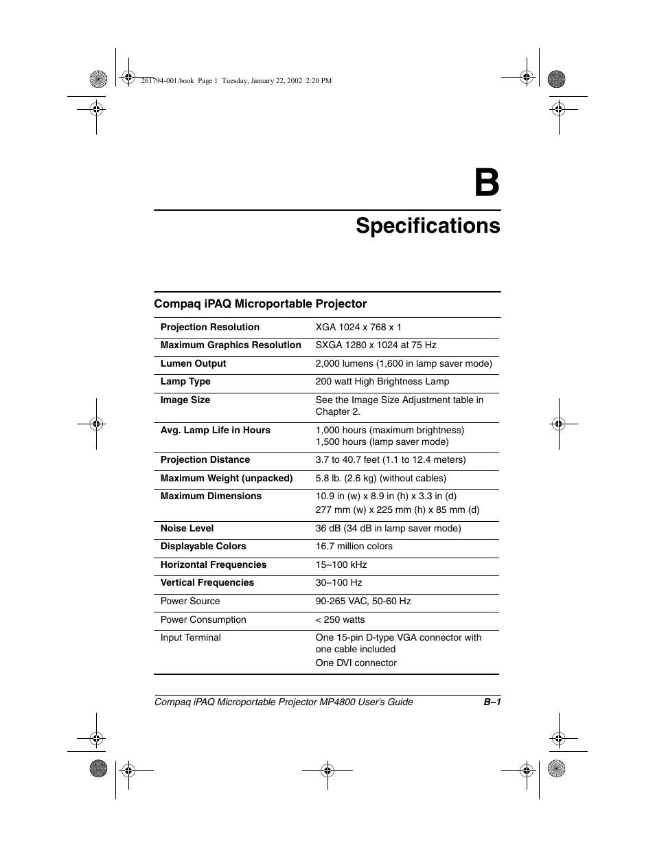 Specifications | Compaq MP4800 User Manual | Page 73 / 76
