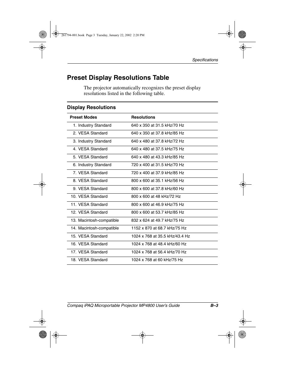 Preset display resolutions table | Compaq MP4800 User Manual | Page 75 / 76
