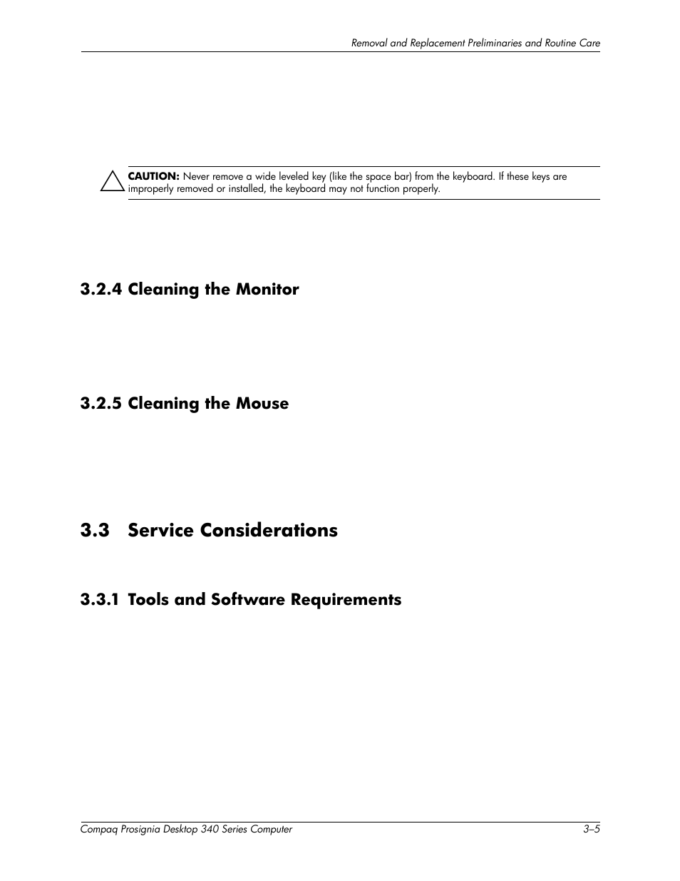 3 service considerations –5, 1 tools and software requirements –5, 3 service considerations | 4 cleaning the monitor, 5 cleaning the mouse, 1 tools and software requirements | Compaq Prosignia 340 Series User Manual | Page 25 / 56