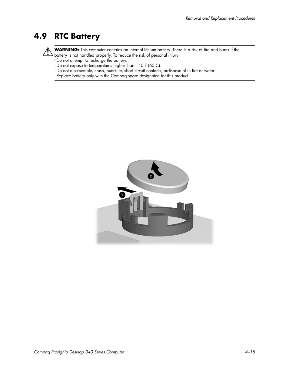 9 rtc battery –15, 9 rtc battery | Compaq Prosignia 340 Series User Manual | Page 41 / 56