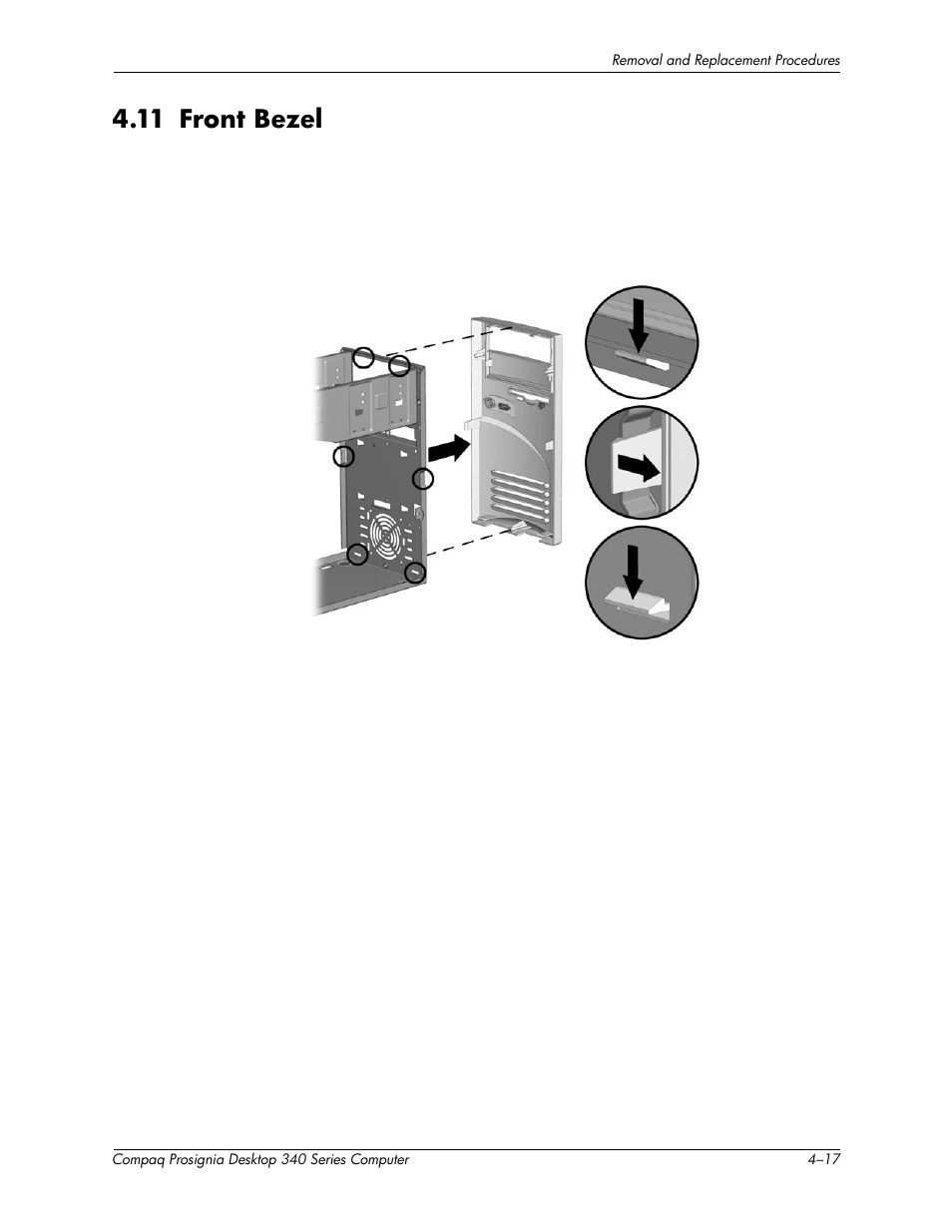 11front bezel –17, 11 front bezel | Compaq Prosignia 340 Series User Manual | Page 43 / 56