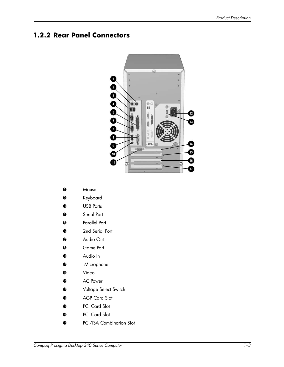 2 rear panel connectors –3, 2 rear panel connectors | Compaq Prosignia 340 Series User Manual | Page 7 / 56