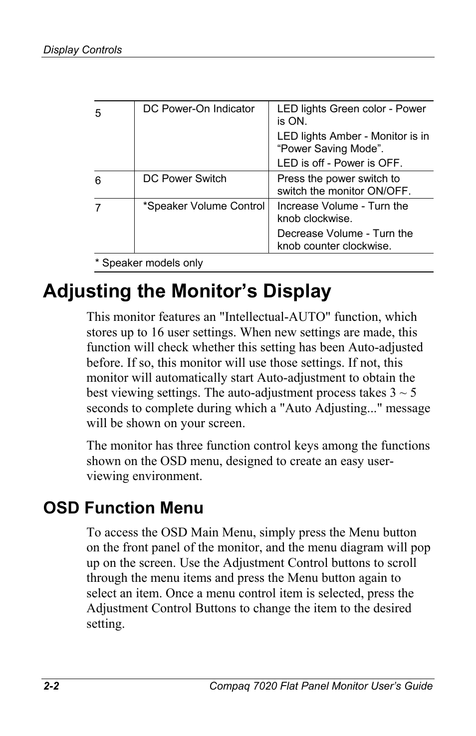 Adjusting the monitor’s display, Osd function menu | Compaq 7020 User Manual | Page 13 / 35