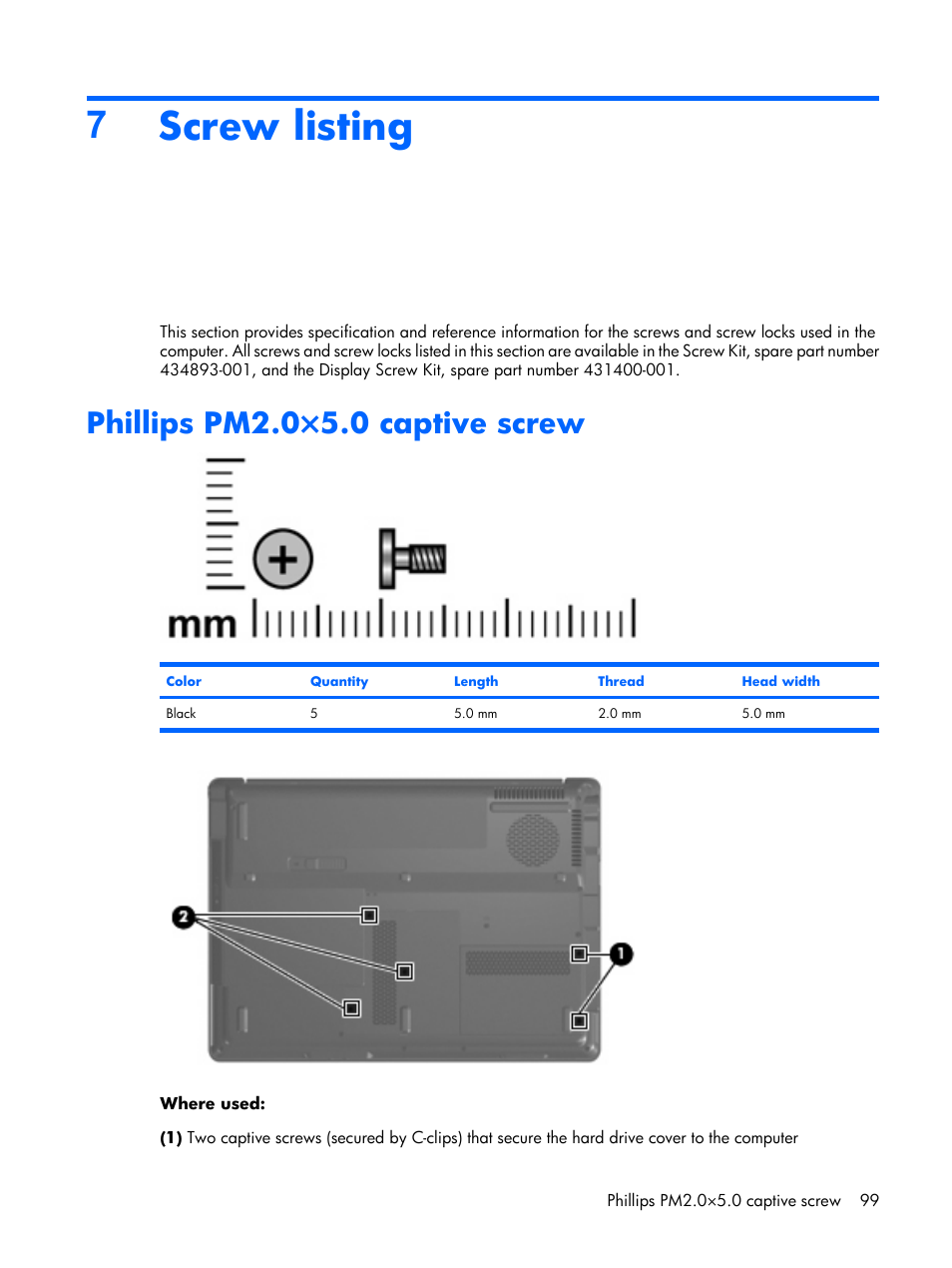 Screw listing, Phillips pm2.0×5.0 captive screw, 7screw listing | Compaq V6500 User Manual | Page 107 / 148
